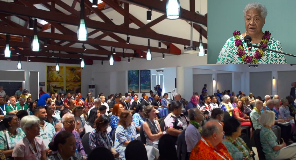 Samoa Diary - Day Two: The Commonwealth People's Forum. photo shows audience and Prime Minister Fiame of Samoa